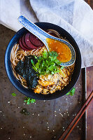 Soup with ramen, seaweed and beetroot (vegetarian)