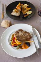 Grilled steak, sweet potato mash and grilled peppers and cod fillet with spring vegetables, sweet potato mash and parsnips