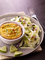 Butternut and chickpea flan with lettuce, red onion,courgette stick and squash seed salad