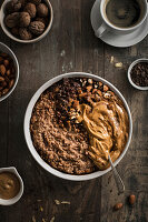 Porridge with almonds and chocolate-chocolate mousse