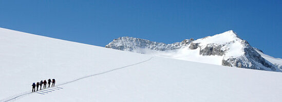 Ski mountaineers at ascent in the alps, South Tyrol, Italy, Europe