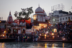 Fire ritual Ganga Aarti along the river Ganges in Haridwar, Uttarakhand, India