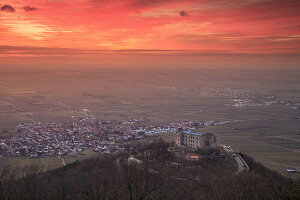 red colored sunrise behind Hambach castle, Neustadt an der Weinstrasse, Rhineland-Palatinate, Germany