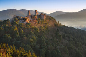 Dahn castles Altdahn, Grafendahn and Tanstein covered in the first light, Dahn, Palatinate Forest, Rhineland-Palatinate, Germany