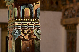 Carved wood beams in Punakha Dzong, winter residence of Je Khenpo, second largest and second oldest temple in Bhutan, Punaka, Bhutan, Himalayas, Asia
