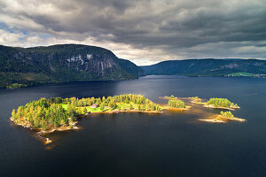 Island, lake, fjord, mountains, aerial view, Fjord Norway, Norway, Europe