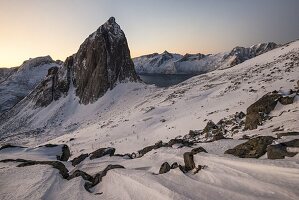 The sunrise at the peak called Segla, Hesten, Fjordgard, Mefjorden, Senja, Tromso, Norway, Europe