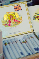 Detail of Cuba Cigars in a box in Havana, Cuba