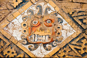 Peru, La Libertad province, north coast, Huaca de la Luna, Moche civilization, IVth-VIIIth century, pyramid housing polychrome bas-reliefs, the god Am Apaec, the decapitator 