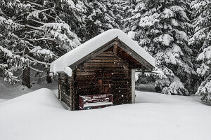 Hütte im Schnee, Chiemgauer Alpen, Ruhpolding, Bayern, Deutschland