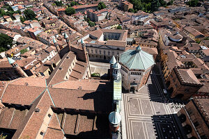 View of the Battistero di San Giovanni Battista and the Duomo from the Torrazzo, Cremona, Lombardy, Italy, Europe