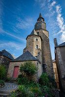 A clock tower in the historic center of Dinan, Brittany, France