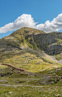 Zug der Rhätischen Bahn in Berglandschaft am Bernina Pass, Engadin, Graubünden, Schweiz