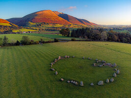 Aerial view of Castlerigg Stone Circle and Blencathra, Lake District National Park, UNESCO World Heritage Site, Cumbria, England, United Kingdom, Europe