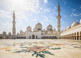 The Sheikh Zayed Mosque, the courtyard and exterior of the prayer hall, modern architecture.