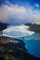 The Perito Moreno Glacier, aerial view of the glacier terminus and the waters of the ocean.