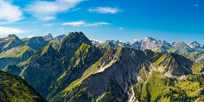 Mountain panorama from Laufbacher-Eckweg to Höfats, 2259m, Allgäu Alps, Allgäu, Bavaria, Germany, Europe