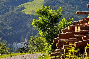 Blick auf Marienberg mit Kloster, Mals im Vinschgau, Südtirol, Trentino, Italien