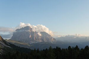 Evening mood View from Rifugio Firenze, Regensburger Hütte to the Sassolungo, Dolomites, South Tyrol, Italy