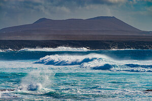 Surf waves, rocky coast at Los Hervideros, Lanzarote, Canary Islands, Canary Islands, Spain, Europe