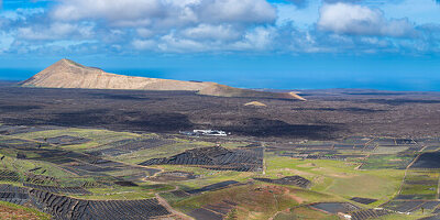 Panorama from Montana Corujo to the Visitor Center and Caldera Blanca, Lanzarote, Canary Islands, Spain, Europe
