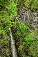 Woman hiking looks into Mayrbergklamm, Mayrbergklamm, Route of the Gorges, Berchtesgaden Alps, Salzburg, Austria
