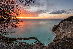 Sunrise on Møns Klint cliffs, chalk cliffs, white water of the Baltic Sea through washed-out chalk after storm surge, Mön Island, Denmark