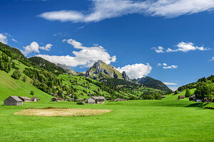 Talboden des Thur mit Wildhuser Schafberg im Hintergrund, Alt St. Johann, Alpstein, Appenzeller Alpen, Toggenburg, St. Gallen, Schweiz
