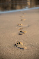 Fußspuren im Sand am Strand von Fuerteventura, Spanien