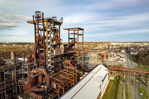  Industrial ruins of the Phoenix West blast furnace plant in Dortmund seen from the air, North Rhine-Westphalia, Germany, Europe   
