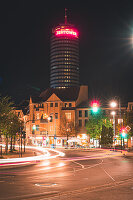  The Jentower at night with light trails from passing cars, Jena, Thuringia, Germany 