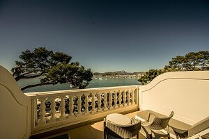  View from the balcony of the Hotel Illa d´Or over the sea to Port de Pollenca, Mallorca, Spain 
