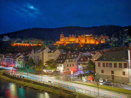 Altstadt und Schloss bei Nacht, Heidelberg, Baden-Württemberg, Neckar, Deutschland, Europa