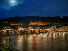  Old Bridge and Castle at night, Heidelberg, Baden-Württemberg, Neckar, Germany, Europe 