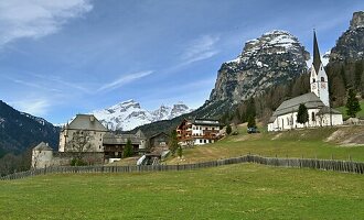  Castle and parish church of La Villa/ Stern, Alta Badia, South Tyrol, Italy, winter 