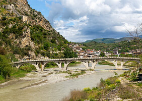 Historic Ottoman period Gorica bridge crossing River Osum, Berat, Albania, Europe