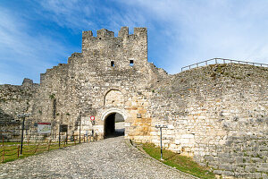 Defensive walls ramparts at entrance to Berat Castle UNESCO World Heritage Site, Berat, Albania, Europe