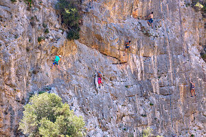  Climbers at the Fire Wall climbing rock in the Arginonta Valley on the island of Kalymnos (Kalimnos) in Greece 