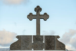 Crucifix at the cemetery of the church of Senhor Santo Cristo dos Milagres in Fazenda, Flores, Azores islands, Portugal.