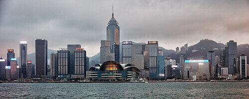 Iconic view of the Hong Kong skyline at dusk. Hong Kong, China.