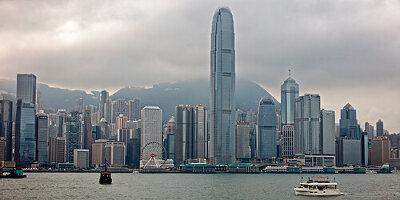 Iconic view of the Hong Kong skyline on a cloudy day. Hong Kong, China.