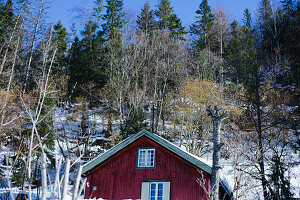 Norwegen, Holzhütte, Rot, im Winter