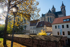  Magdeburg Cathedral in autumn, Fürstenwall, half-timbered houses, Magdeburg, Saxony-Anhalt, Germany 