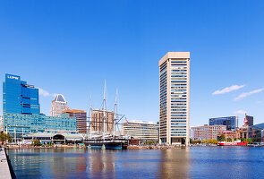  Inner Harbor with Historic Ships Baltimore, World Trade Center with Observation Deck and National Aquarium in Baltimore, Maryland, USA 