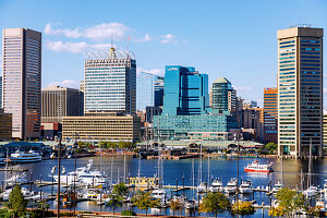  Inner Harbor with Historic Ships Baltimore and World Trade Center with Observation Deck in Baltimore, Maryland, USA 