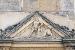 Detail Friese Fürstenschloss, Krieger Löwe, Alte Hofhaltung, Bamberg, Franken, Bayern, Deutschland, Europa