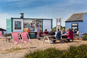 The Dungeness Snack Shack, Imbissbude für frischen Fisch, Dungeness, Romney Marsh, Kent, England, Großbritannien