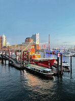  The Port of Hamburg at dusk, lightship and Elbphilharmonie, Hamburg, Germany, Europe 