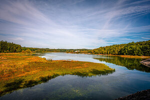 Landschaft mit Wiese und Wasser, der Himmel bedeckt von leichten Wolken, Stausee Zeulenrodaer Meer, Zeulenroda-Triebes, Thüringen, Deutschland