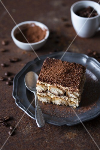 A piece of tiramisu on a plate